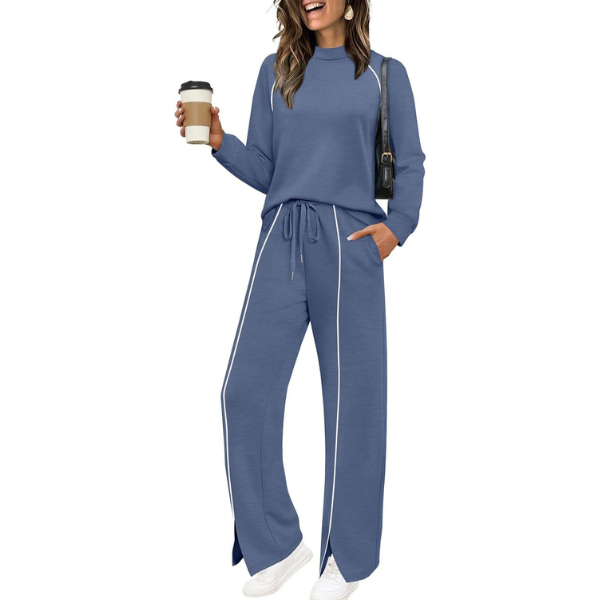 Two Piece Matching Outfit Set With Piping Detail Top And Loose Pants