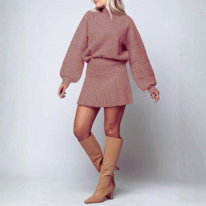 2 Piece Ribbed Knit Puff Sleeve Sweater Top And Mini Skirt Outfit Set - Image 22