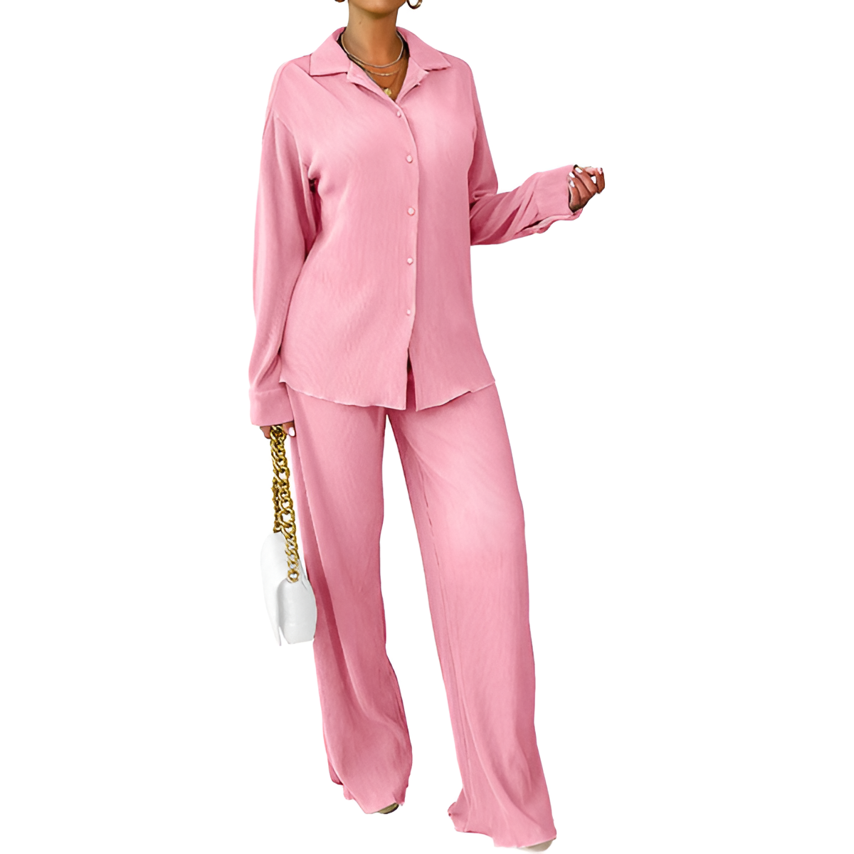 2 Piece Button Down Shirt And Pleated Pants Set For Women - Image 27