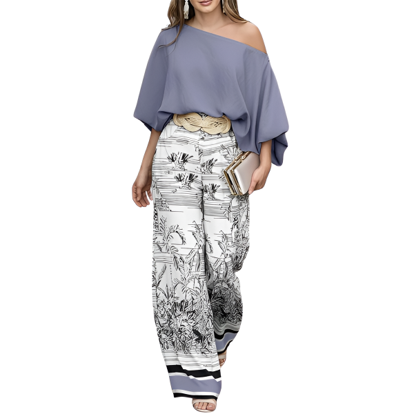 Two Piece Set With Flowy Pants And Lantern Sleeve Top For Women