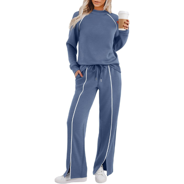 Two Piece Matching Outfit Set With Piping Detail Top And Loose Pants