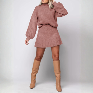 2 Piece Ribbed Knit Puff Sleeve Sweater Top And Mini Skirt Outfit Set - Image 24