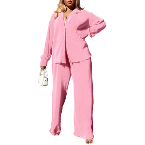 2 Piece Button Down Shirt And Pleated Pants Set For Women - Image 25