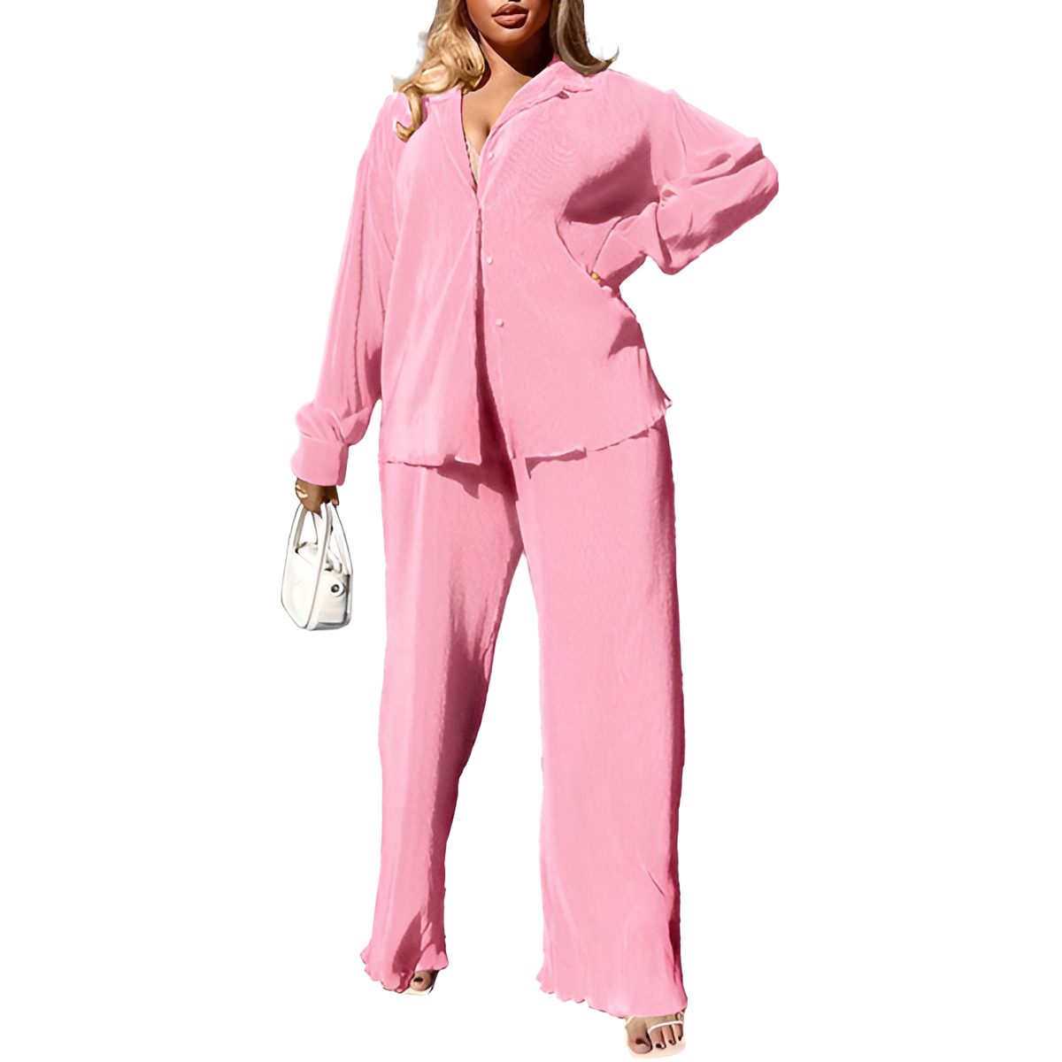 2 Piece Button Down Shirt And Pleated Pants Set For Women - Image 25