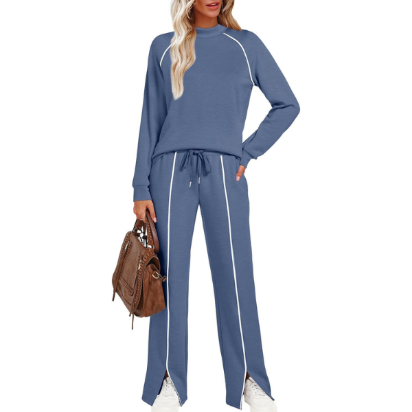 Two Piece Matching Outfit Set With Piping Detail Top And Loose Pants