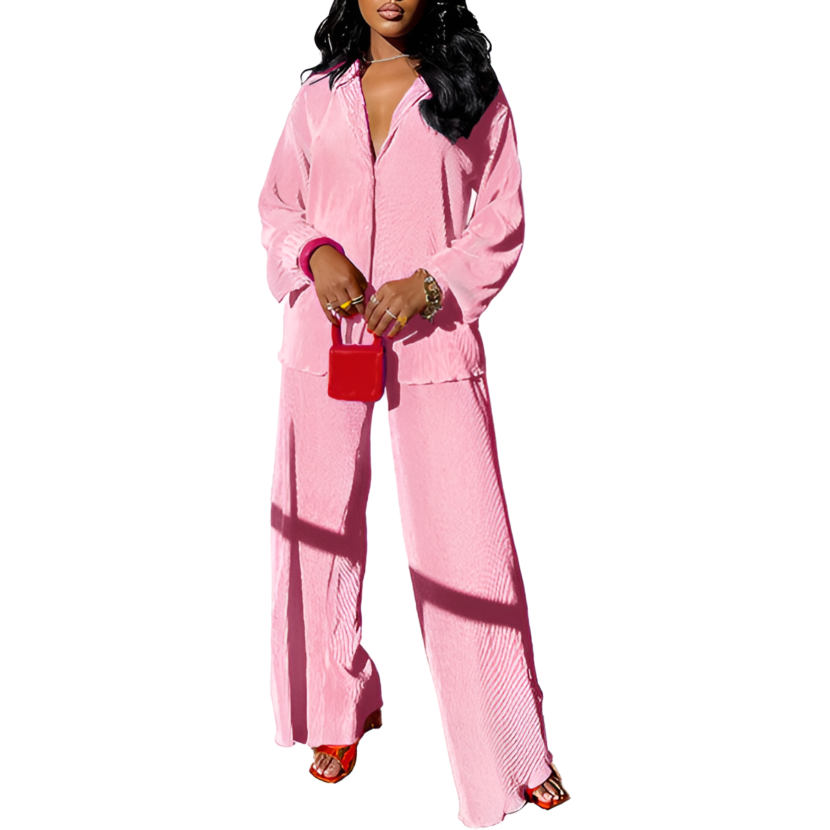 2 Piece Button Down Shirt And Pleated Pants Set For Women - Image 26