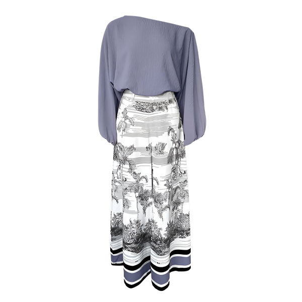 Two Piece Set With Flowy Pants And Lantern Sleeve Top For Women