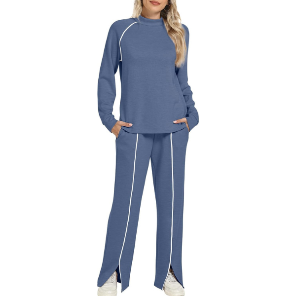 Two Piece Matching Outfit Set With Piping Detail Top And Loose Pants