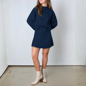 2 Piece Ribbed Knit Puff Sleeve Sweater Top And Mini Skirt Outfit Set - Image 34