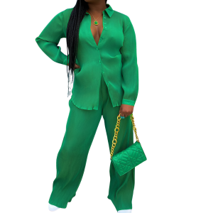 2 Piece Button Down Shirt And Pleated Pants Set For Women - Image 14