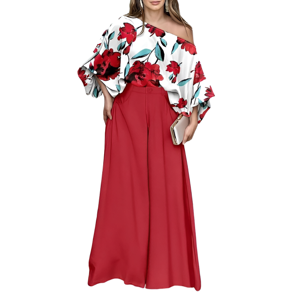 Two Piece Set With Flowy Pants And Lantern Sleeve Top For Women