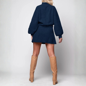 2 Piece Ribbed Knit Puff Sleeve Sweater Top And Mini Skirt Outfit Set - Image 32