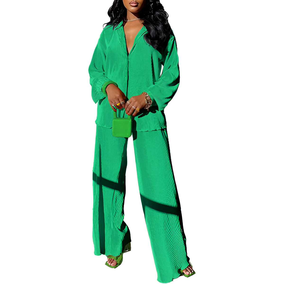 2 Piece Button Down Shirt And Pleated Pants Set For Women - Image 13
