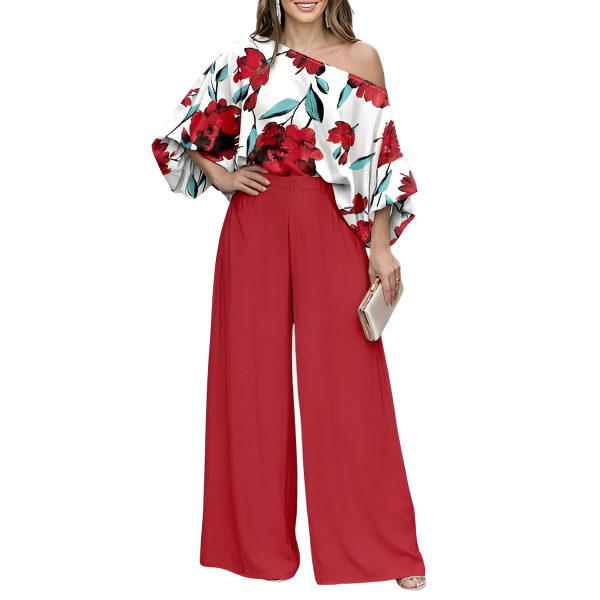 Two Piece Set With Flowy Pants And Lantern Sleeve Top For Women