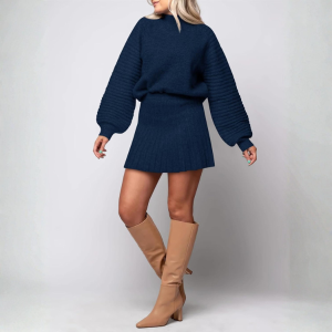 2 Piece Ribbed Knit Puff Sleeve Sweater Top And Mini Skirt Outfit Set - Image 31