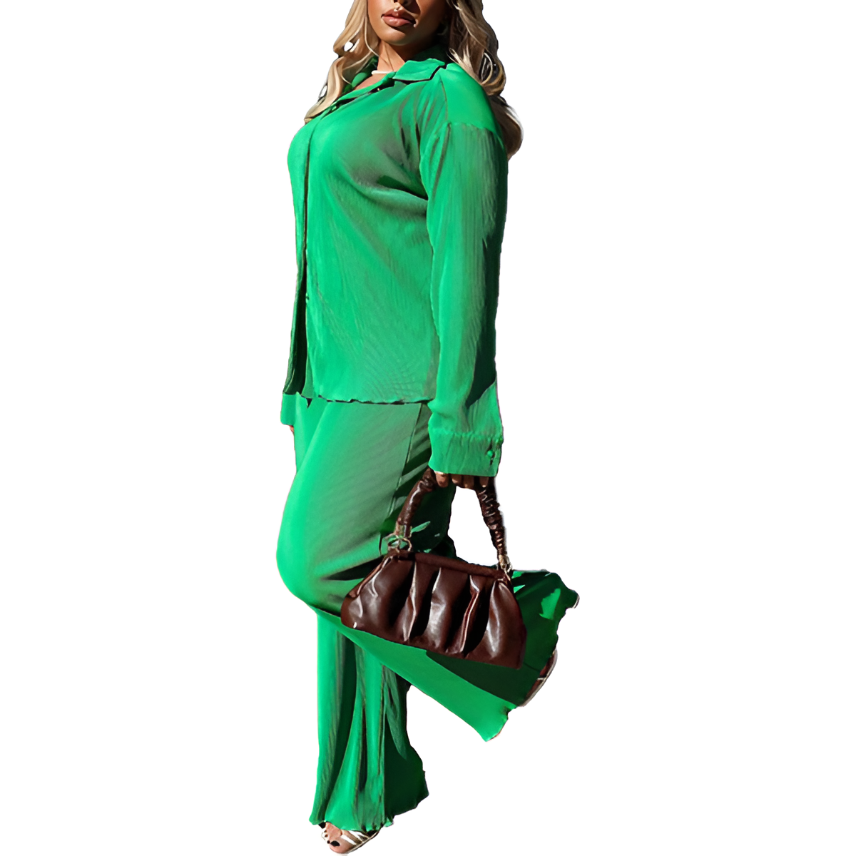 2 Piece Button Down Shirt And Pleated Pants Set For Women - Image 15