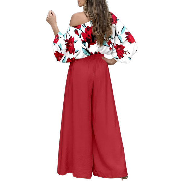 Two Piece Set With Flowy Pants And Lantern Sleeve Top For Women