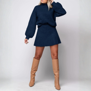 2 Piece Ribbed Knit Puff Sleeve Sweater Top And Mini Skirt Outfit Set - Image 33