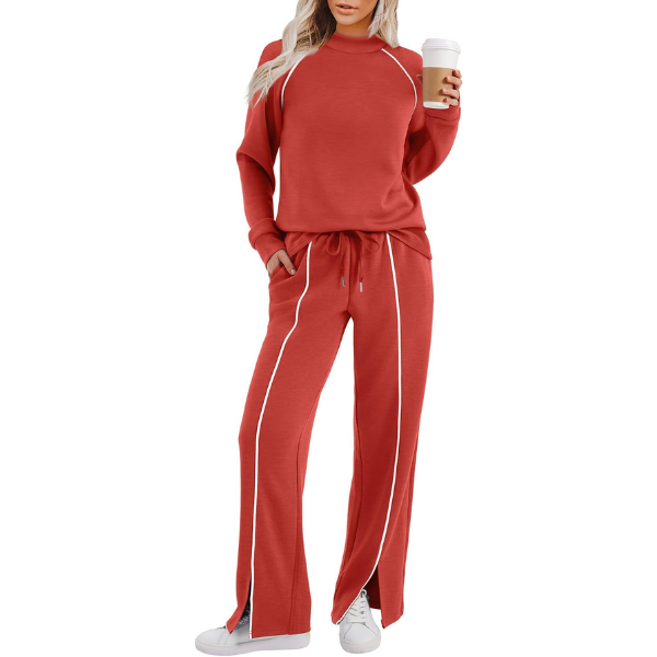 Two Piece Matching Outfit Set With Piping Detail Top And Loose Pants