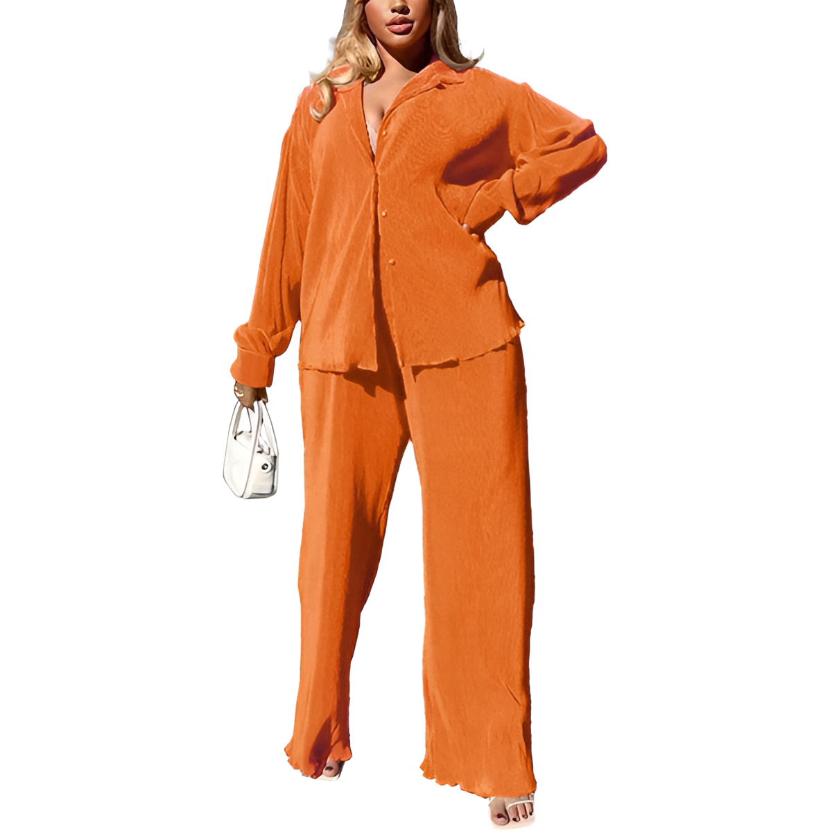 2 Piece Button Down Shirt And Pleated Pants Set For Women - Image 1