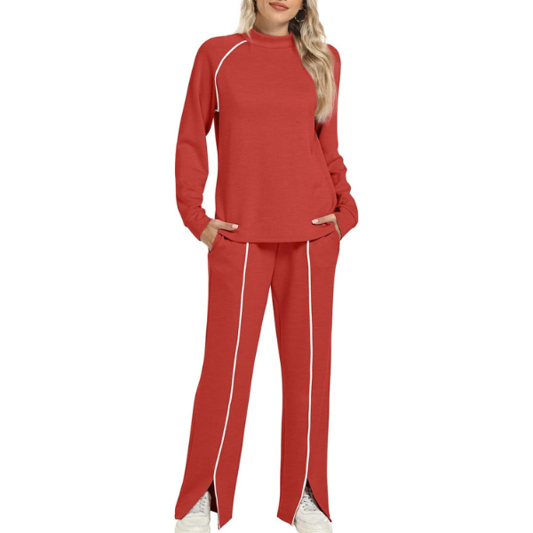 Two Piece Matching Outfit Set With Piping Detail Top And Loose Pants