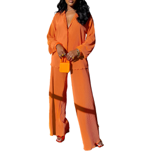 2 Piece Button Down Shirt And Pleated Pants Set For Women - Image 3
