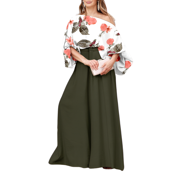 Two Piece Set With Flowy Pants And Lantern Sleeve Top For Women