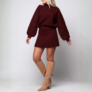2 Piece Ribbed Knit Puff Sleeve Sweater Top And Mini Skirt Outfit Set - Image 3