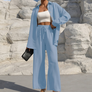 Casual 2 Piece Long Sleeve Shirt And Wide Fit Trouser Set For Women - Image 12