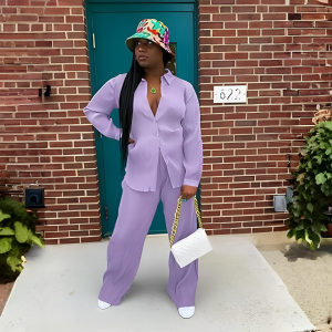 2 Piece Button Down Shirt And Pleated Pants Set For Women - Image 12