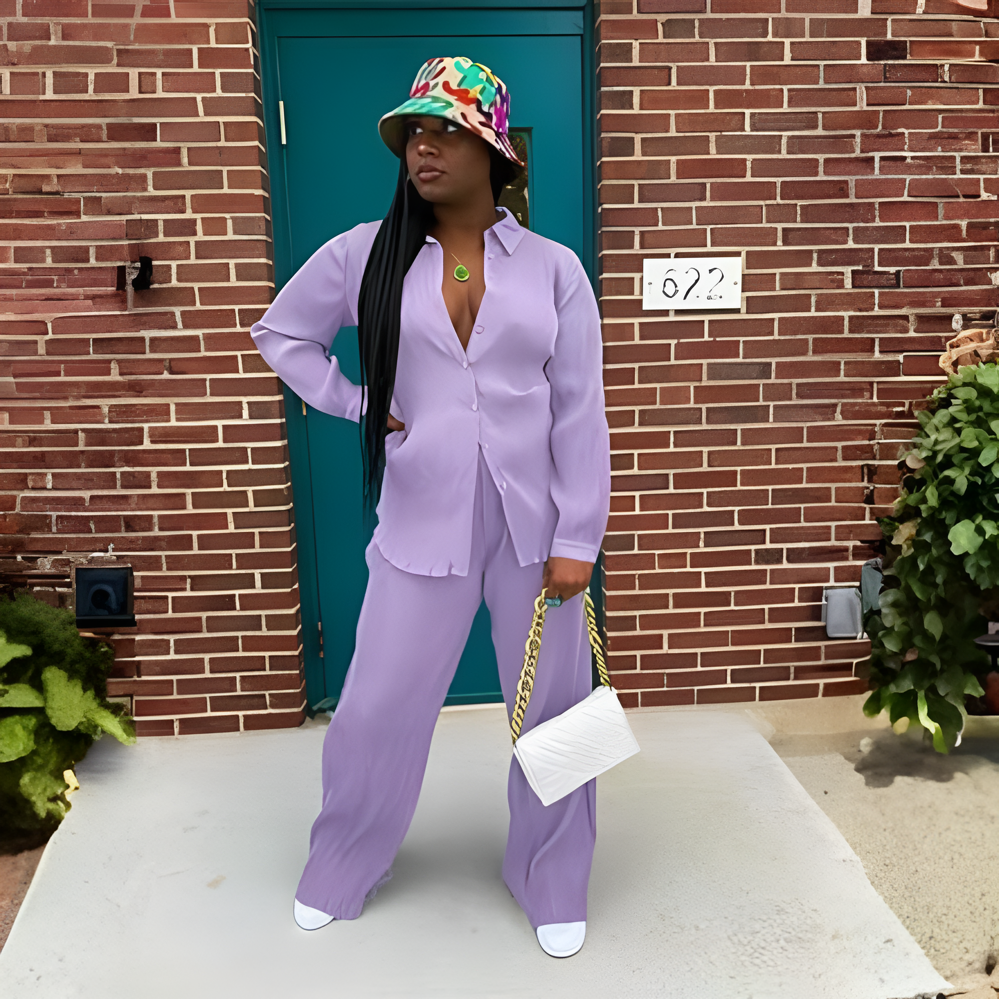2 Piece Button Down Shirt And Pleated Pants Set For Women - Image 12