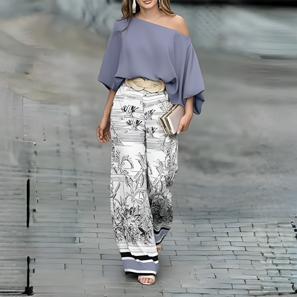 Two Piece Set With Flowy Pants And Lantern Sleeve Top For Women