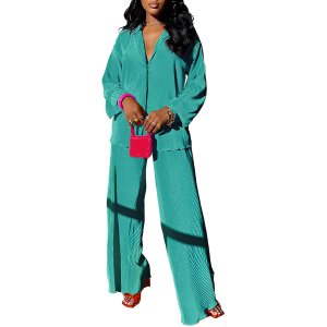 2 Piece Button Down Shirt And Pleated Pants Set For Women - Image 21
