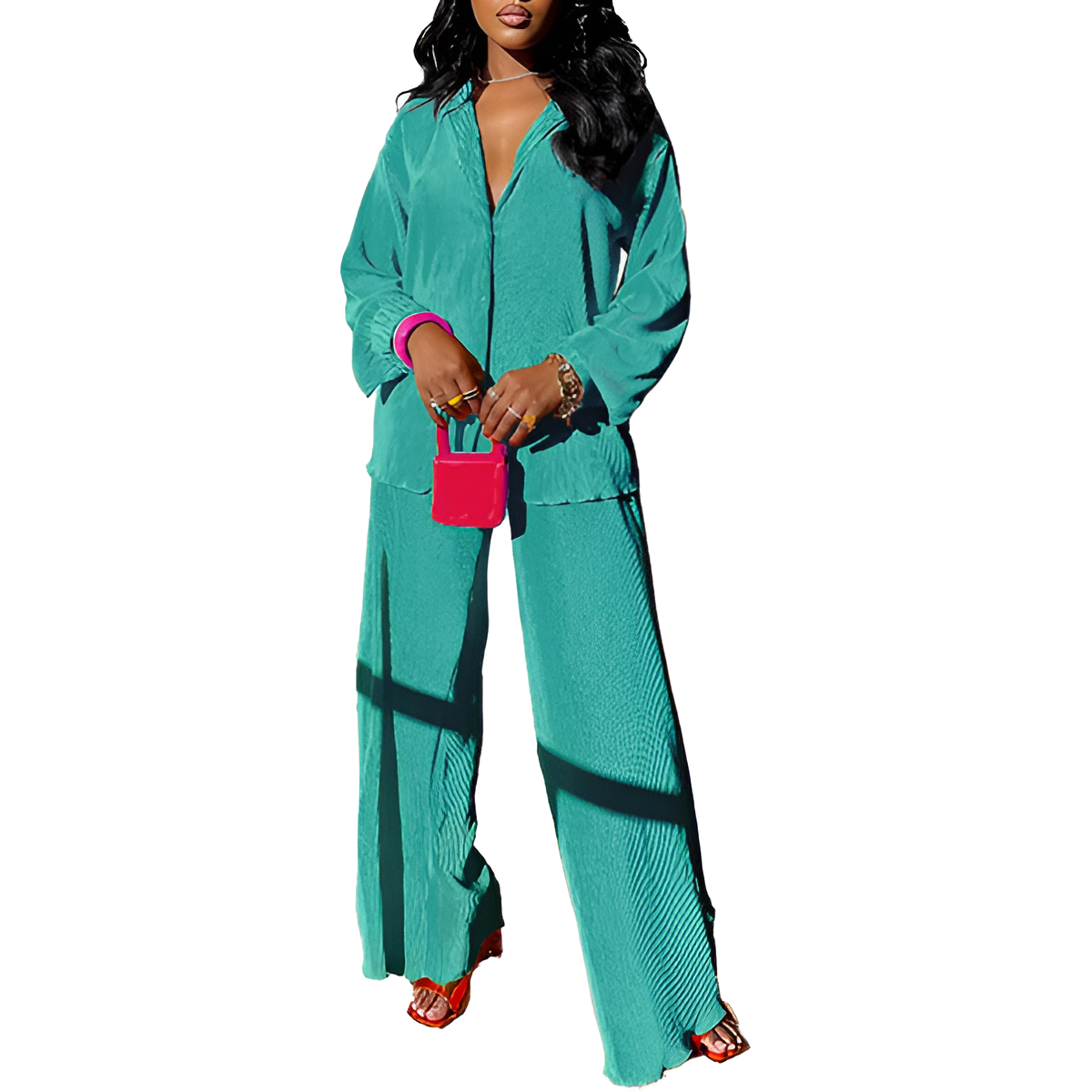 2 Piece Button Down Shirt And Pleated Pants Set For Women - Image 21