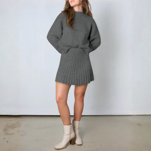 2 Piece Ribbed Knit Puff Sleeve Sweater Top And Mini Skirt Outfit Set - Image 29