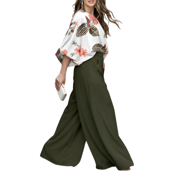 Two Piece Set With Flowy Pants And Lantern Sleeve Top For Women