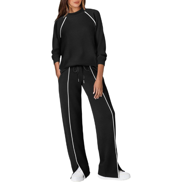 Two Piece Matching Outfit Set With Piping Detail Top And Loose Pants