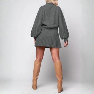 2 Piece Ribbed Knit Puff Sleeve Sweater Top And Mini Skirt Outfit Set - Image 26