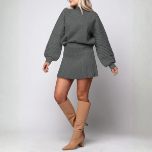 2 Piece Ribbed Knit Puff Sleeve Sweater Top And Mini Skirt Outfit Set - Image 27