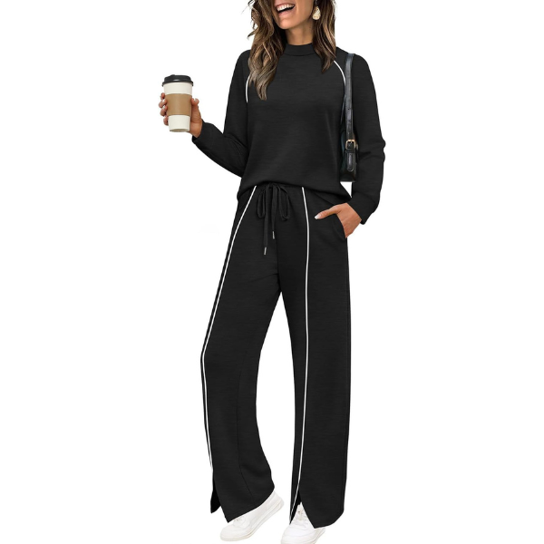 Two Piece Matching Outfit Set With Piping Detail Top And Loose Pants