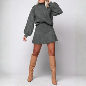 2 Piece Ribbed Knit Puff Sleeve Sweater Top And Mini Skirt Outfit Set - Image 28