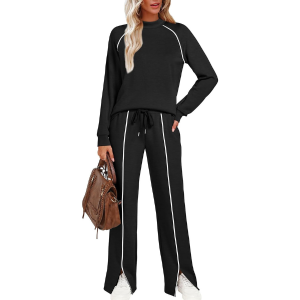 Two Piece Matching Outfit Set With Piping Detail Top And Loose Pants - Image 43