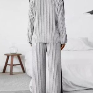 Knitted  Loose Fit Striped Patterned Tops And Pants Set - Image 2