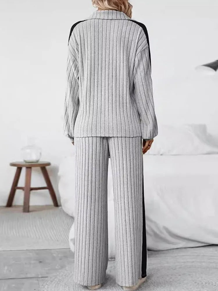 Knitted  Loose Fit Striped Patterned Tops And Pants Set - Image 2