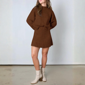 2 Piece Ribbed Knit Puff Sleeve Sweater Top And Mini Skirt Outfit Set - Image 38