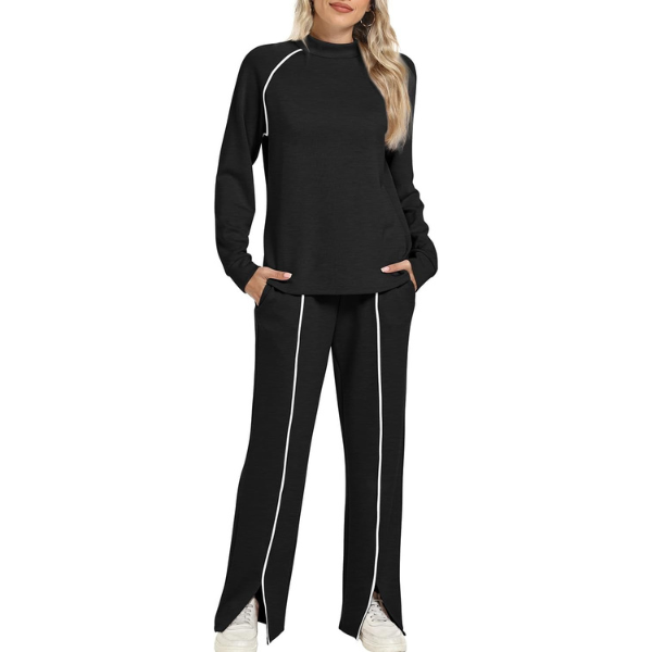 Two Piece Matching Outfit Set With Piping Detail Top And Loose Pants