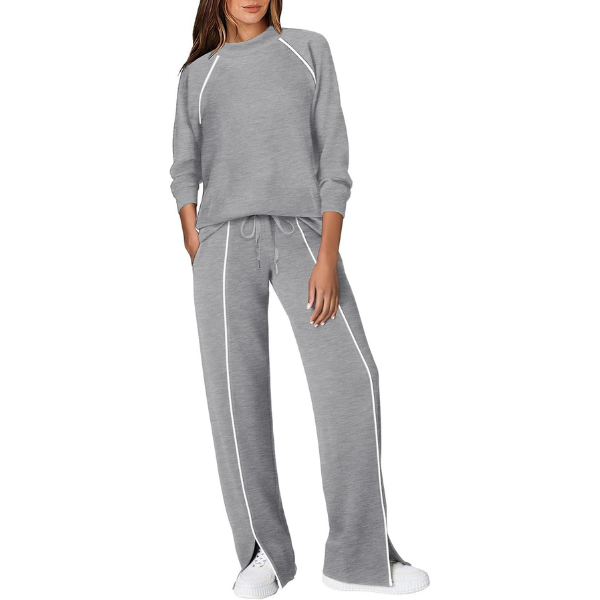 Two Piece Matching Outfit Set With Piping Detail Top And Loose Pants