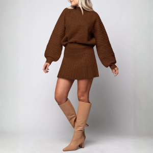 2 Piece Ribbed Knit Puff Sleeve Sweater Top And Mini Skirt Outfit Set - Image 36