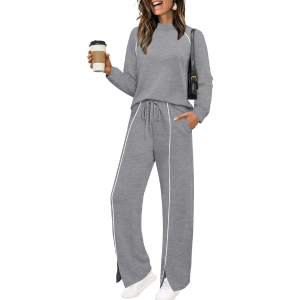 Two Piece Matching Outfit Set With Piping Detail Top And Loose Pants - Image 49
