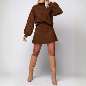 2 Piece Ribbed Knit Puff Sleeve Sweater Top And Mini Skirt Outfit Set - Image 37